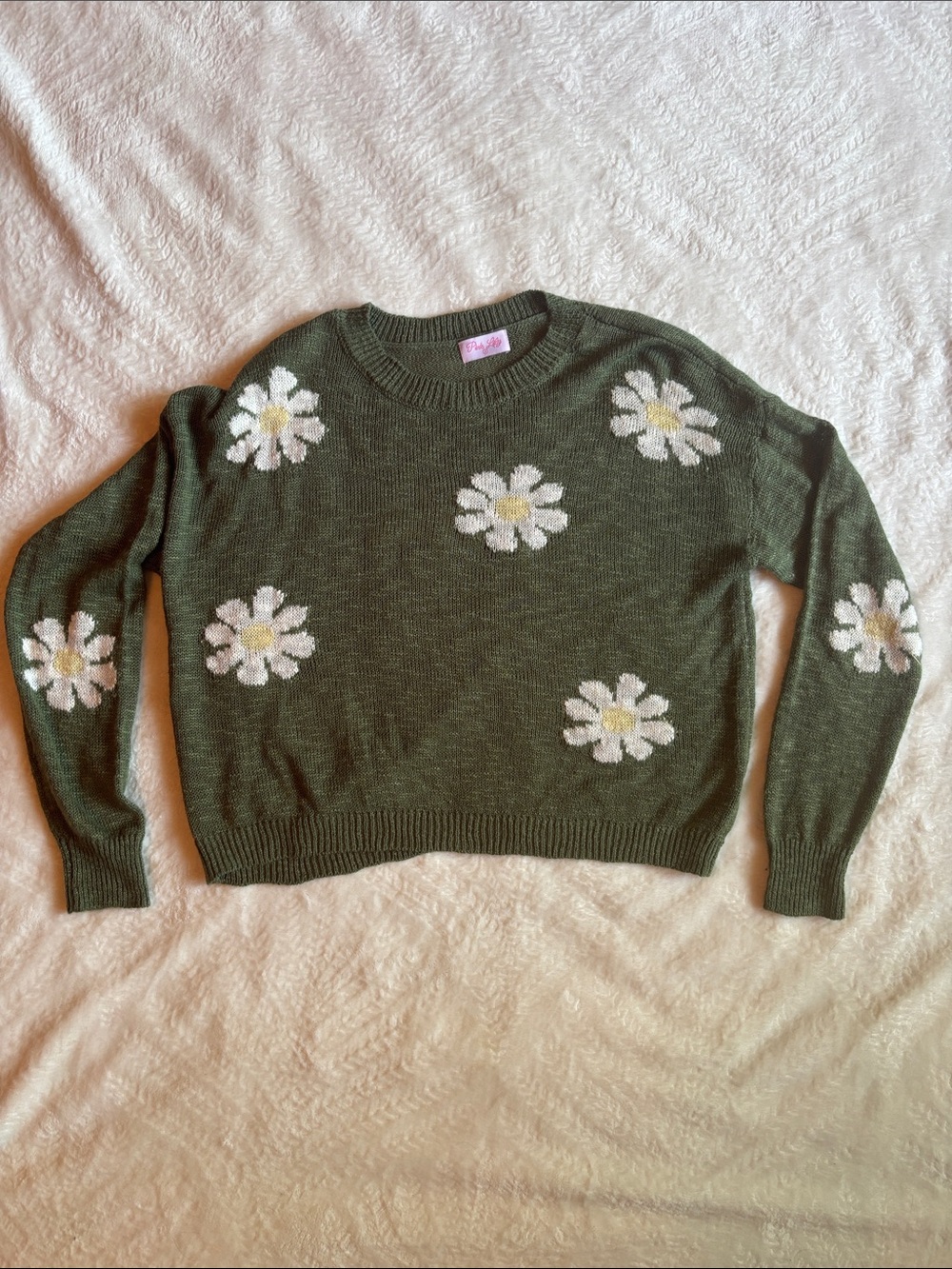 Pink Lily Green Daisy Crewneck Light Weight Sweater